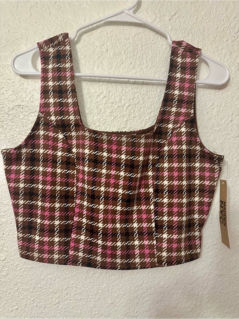 Plaid Square-Neck Crop Top in Brown & Pink - Women